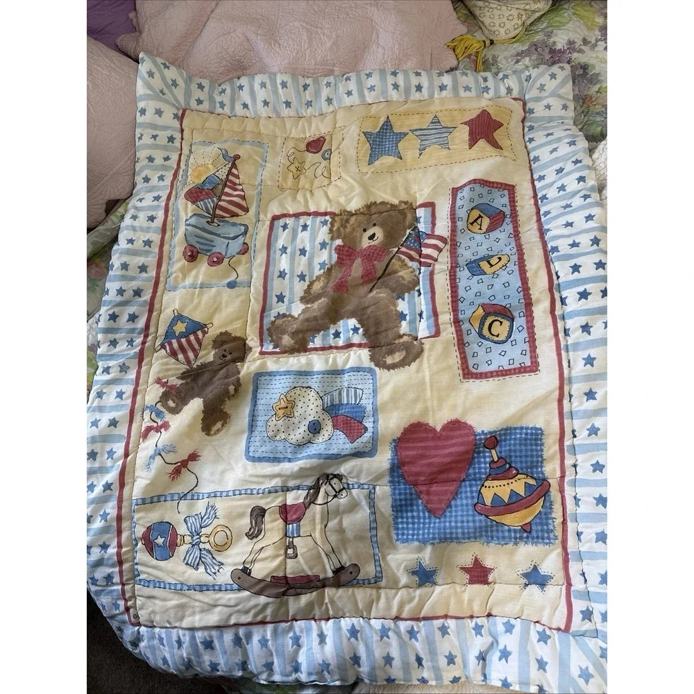 VTG Baby Crib Blanket Bears Flag Toys Blocks Hobby Horse Stars Blue Red Yellow